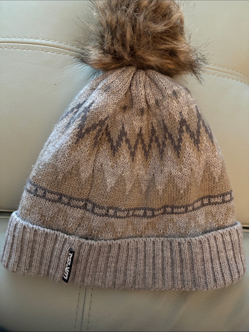 Unbranded Kids Beige Knit Pom Beanie with Fur Pom